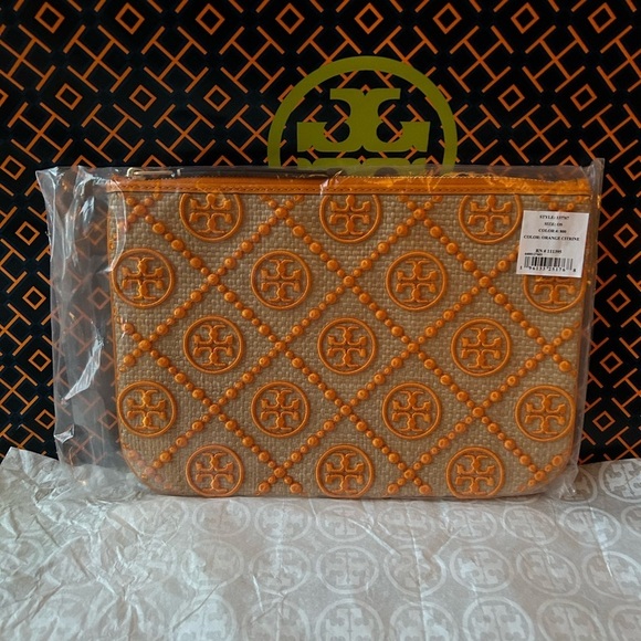 Tory Burch T Monogram Embroidered Straw Pouch Orange Citrine - Picture 11 of 11
